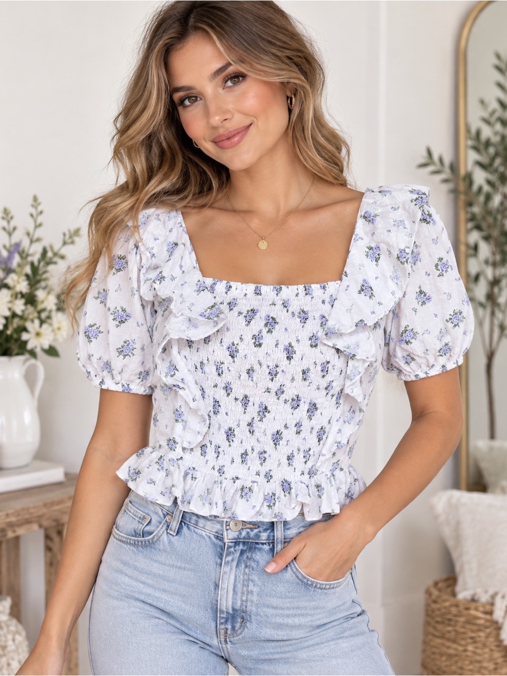 ee:some Floral Smocked Crop Top - Size Large